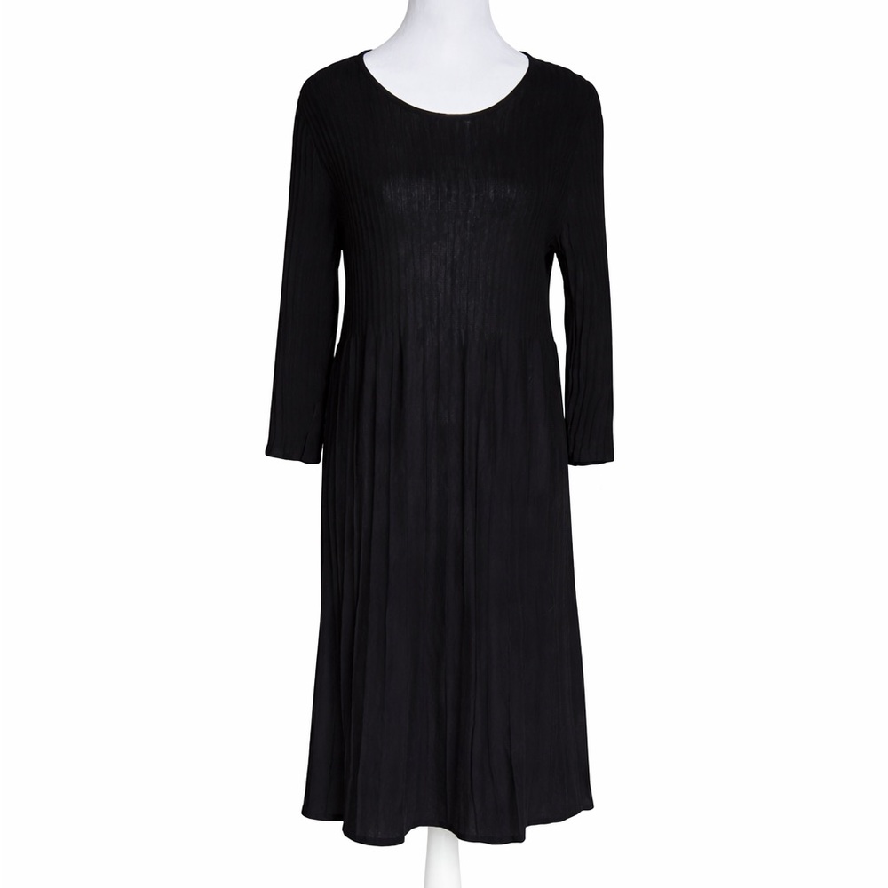 Eileen Fisher Black Wool Ribbed Pleated Scoop Neck Dress Size Medium NWT
